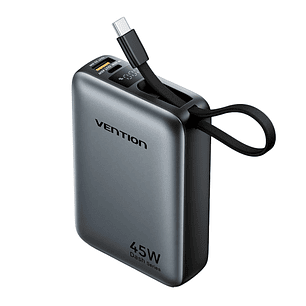Vention Mini Powerbank de 20000mAh - Potencia de Salida hasta 45W - Cable USB-C Integrado - Power Delivery - USB-A - Tecnologia PPS - Color Gris