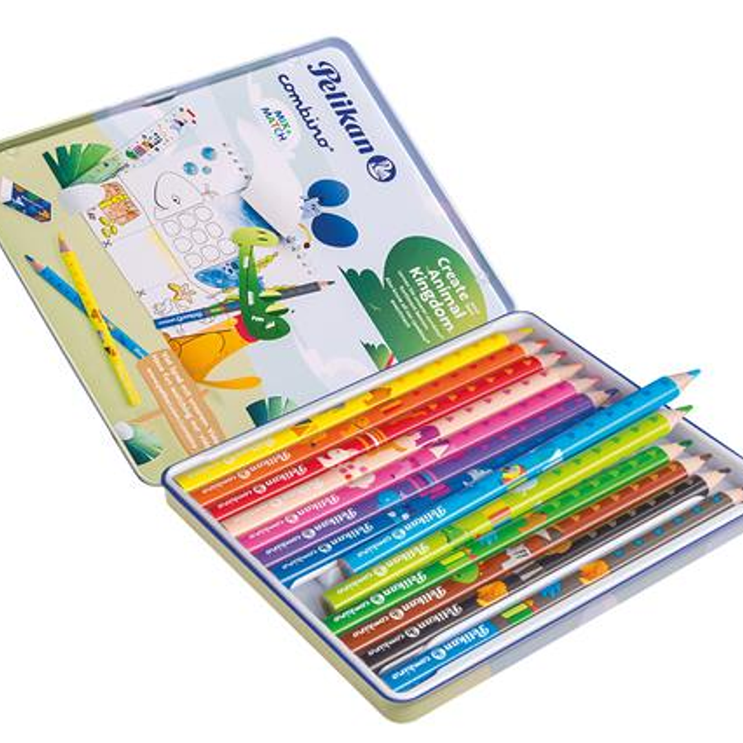 Pelikan Pack de 12 Lapices de Colores Jumbo - Caja de Metal - Triangulares - Cuerpo Decorado - Lavables - No Toxico - Colores Surtidos 1
