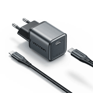 Vention Cargador de Pared - 20W - GaN - Cable USB a Lightning de 1m - USB-C - Power Delivery 3.0 - Qualcomm 3.0 - Carga Rapida - Color Gris