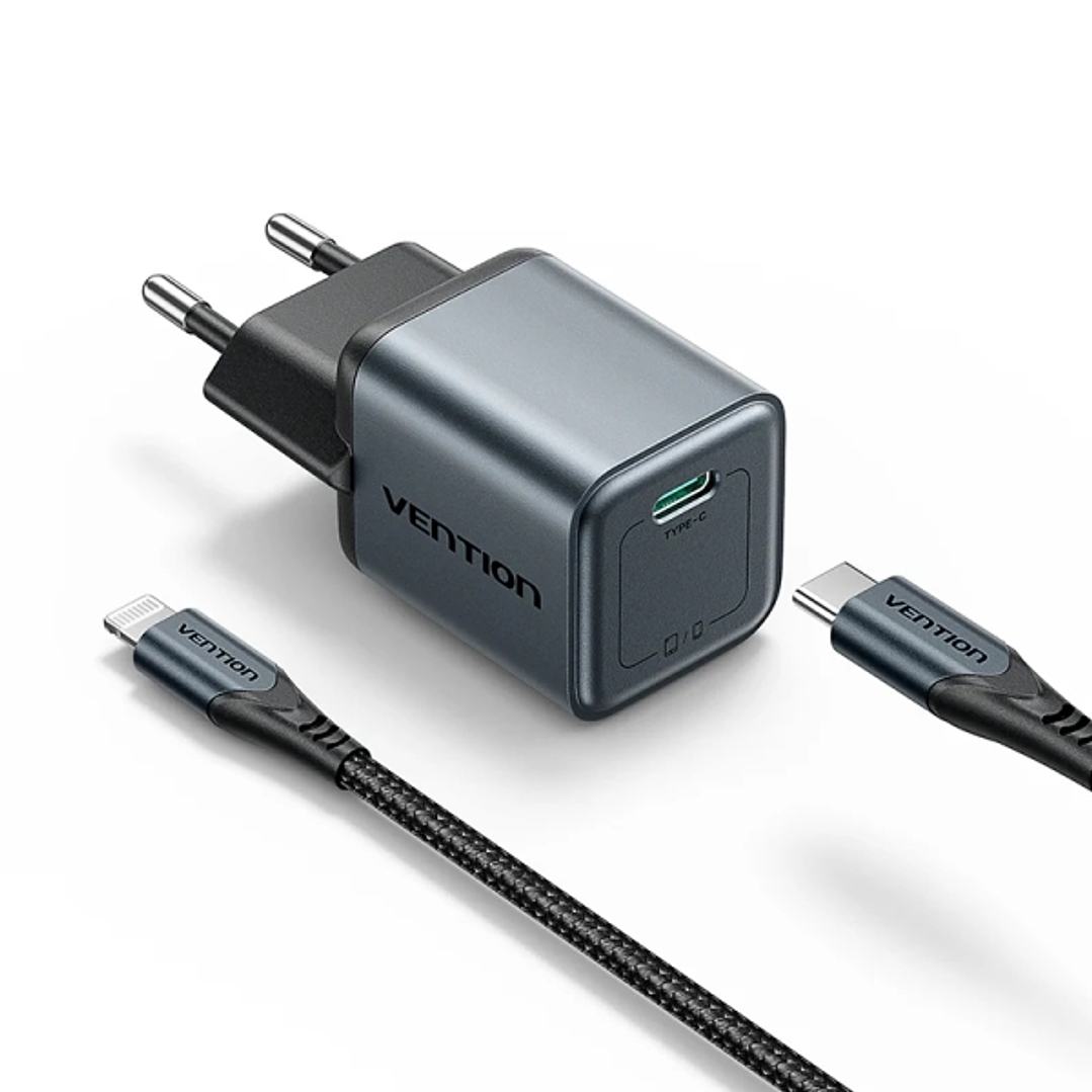 Vention Cargador de Pared - 20W - GaN - Cable USB a Lightning de 1m - USB-C - Power Delivery 3.0 - Qualcomm 3.0 - Carga Rapida - Color Gris 1