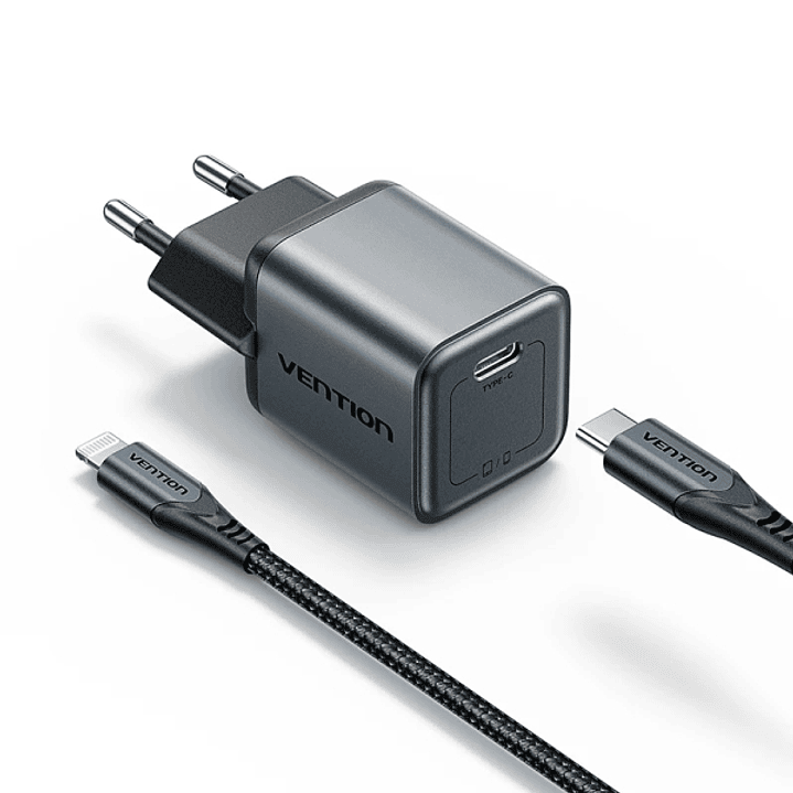 Vention Cargador de Pared - 20W - GaN - Cable USB a Lightning de 1m - USB-C - Power Delivery 3.0 - Qualcomm 3.0 - Carga Rapida - Color Gris 1