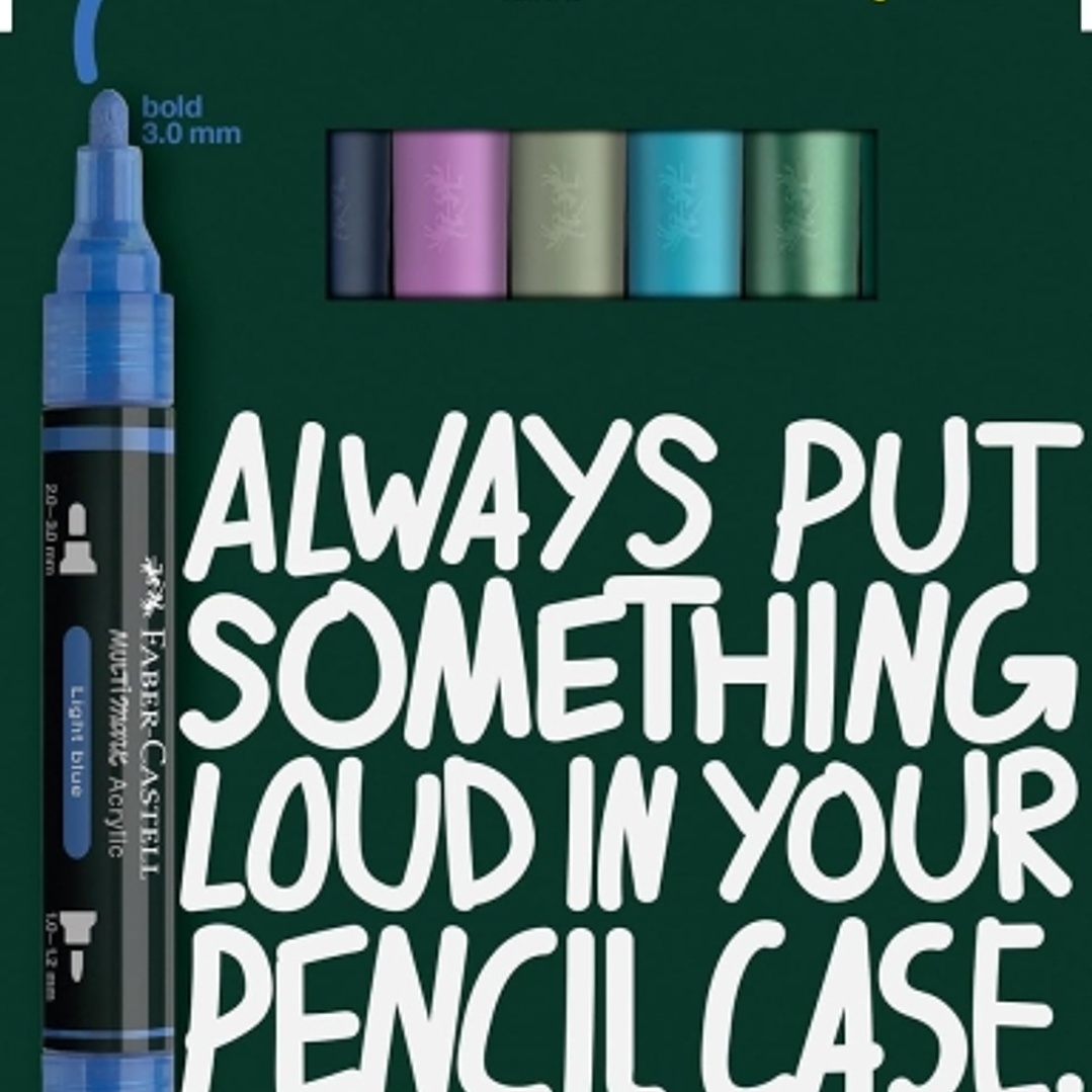 Faber-Castell Multimark Acrylic Tonos Frios Pack con 8 Rotuladores Acrilicos Doble Punta - Puntas Redondas de 1mm y 3mm - Tinta Acrilica a Base de Agu 1