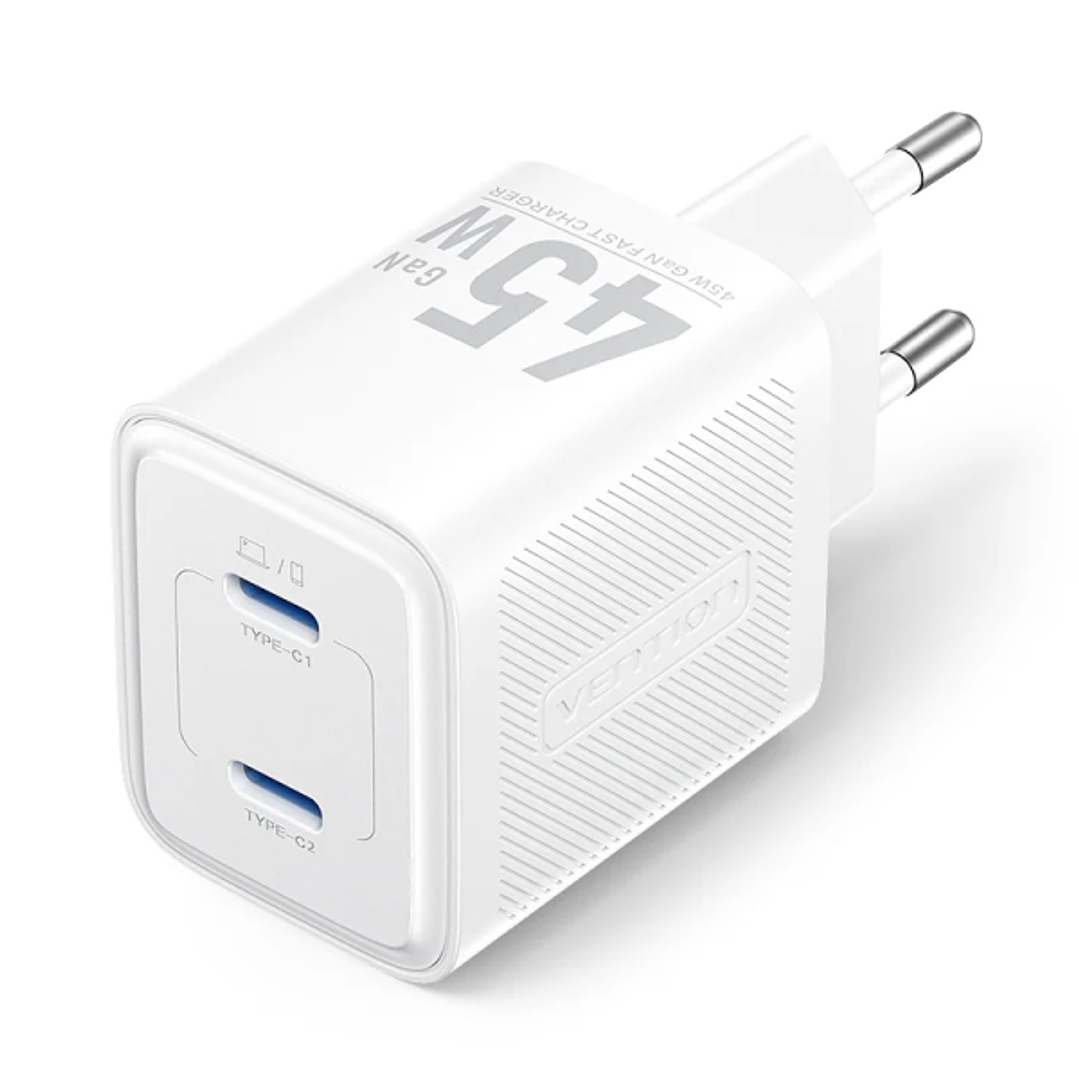 Vention Cargador de Pared - 45W - GaN - 2xUSB-C - Power Delivery 3.0 - Qualcomm 3.0 - Color Blanco 1