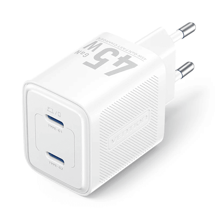 Vention Cargador de Pared - 45W - GaN - 2xUSB-C - Power Delivery 3.0 - Qualcomm 3.0 - Color Blanco 1