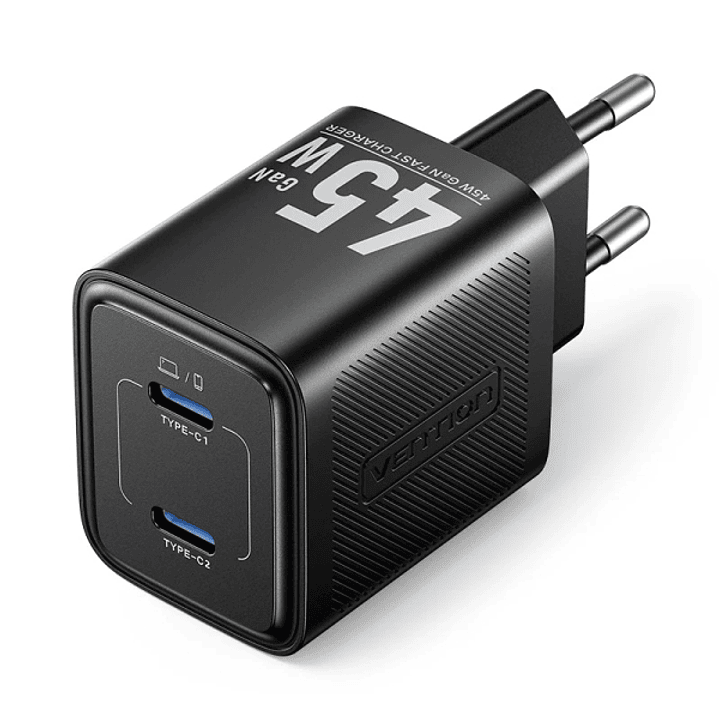 Vention Cargador de Pared - 45W - GaN - 2xUSB-C - Power Delivery 3.0 - Qualcomm 3.0 - Carga Rapida - Color Negro 1