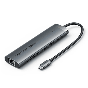Vention Estacion de Docking 9 en 1 - Cable USB-C de 15cm Integrado - Ethernet RJ45 - HDMI 4K - 2xUSB-C - Tarjeta TF - SD - 2xUSB-A - Jack 3.5mm - Powe