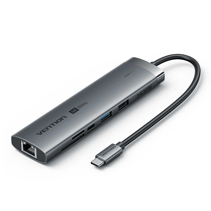 Vention Estacion de Docking 9 en 1 - Cable USB-C de 15cm Integrado - Ethernet RJ45 - HDMI 4K - 2xUSB-C - Tarjeta TF - SD - 2xUSB-A - Jack 3.5mm - Powe 1