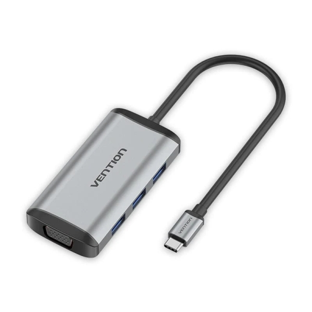 Vention Estacion de Docking 5 en 1 - Cable USB-C de 15cm Integrado - HDMI 4K - USB-C - 3xUSB-A - VGA - Power Delivery - Color Gris 1
