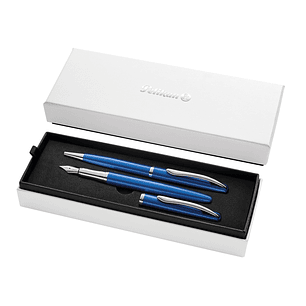 Pelikan Jazz Noble Set de Boligrafo y Estilografica - Cuerpo Satinado con Detalles Cromados - Incluye Estuche de Regalo - Color Zafiro