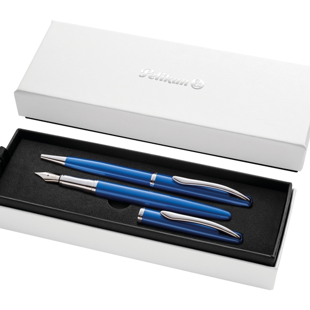 Pelikan Jazz Noble Set de Boligrafo y Estilografica - Cuerpo Satinado con Detalles Cromados - Incluye Estuche de Regalo - Color Zafiro 1