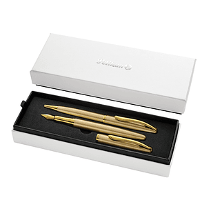 Pelikan Jazz Noble Set de Boligrafo y Estilografica - Cuerpo Satinado con Detalles Cromados - Incluye Estuche de Regalo - Color Oro
