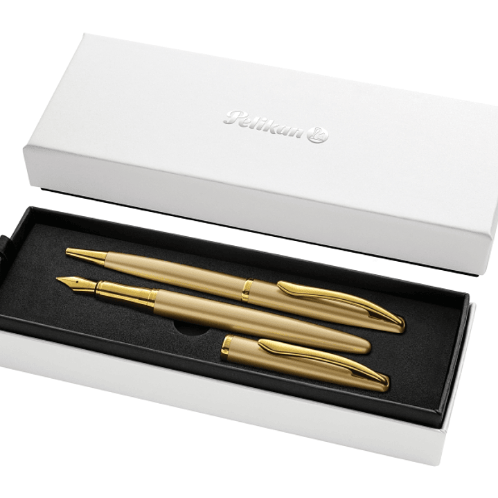 Pelikan Jazz Noble Set de Boligrafo y Estilografica - Cuerpo Satinado con Detalles Cromados - Incluye Estuche de Regalo - Color Oro 1