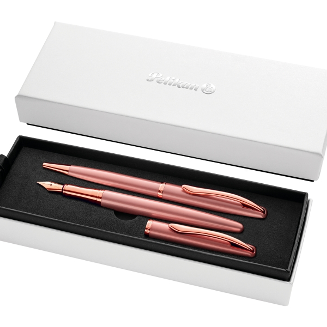Pelikan Jazz Noble Set de Boligrafo y Estilografica - Cuerpo Satinado con Detalles Cromados - Incluye Estuche de Regalo - Color Rosa 1