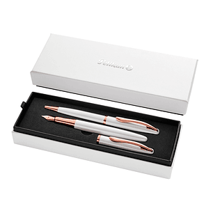 Pelikan Jazz Noble Set de Boligrafo y Estilografica - Cuerpo Satinado con Detalles Cromados - Incluye Estuche de Regalo - Color Perla