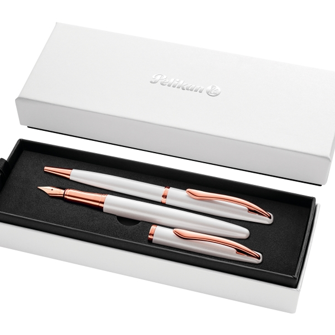 Pelikan Jazz Noble Set de Boligrafo y Estilografica - Cuerpo Satinado con Detalles Cromados - Incluye Estuche de Regalo - Color Perla 1