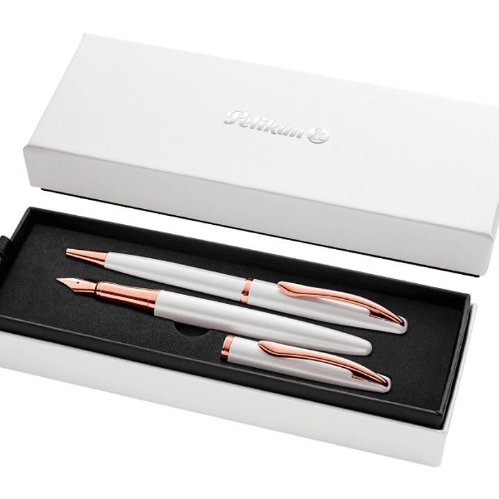 Pelikan Jazz Noble Set de Boligrafo y Estilografica - Cuerpo Satinado con Detalles Cromados - Incluye Estuche de Regalo - Color Perla 1