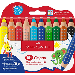 Faber-Castell Grippy Pack con 10 Lapices de Colores Gruesos Mina XXL Suave - Forma Triangular con Grip - Colores Surtidos