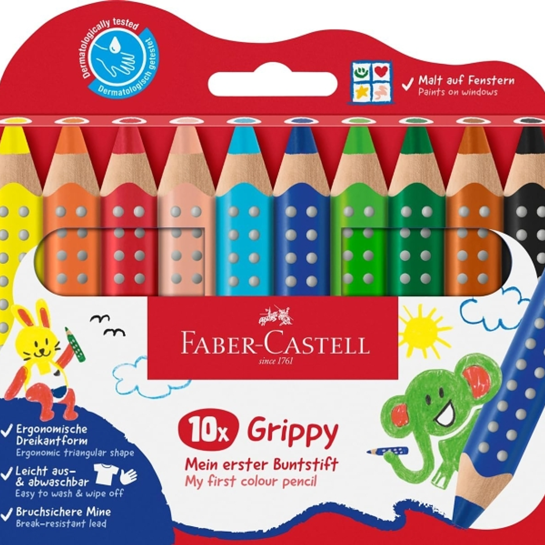 Faber-Castell Grippy Pack con 10 Lapices de Colores Gruesos Mina XXL Suave - Forma Triangular con Grip - Colores Surtidos 1