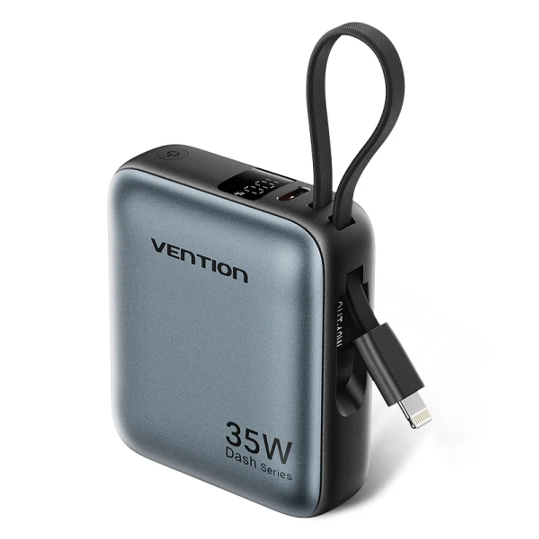 Vention Mini Powerbank de 10000mAh - Potencia de Salida hasta 35W - Cable USB-C y Lightning Integrado - Pantalla Digital - Color Gris 1