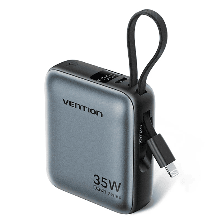 Vention Mini Powerbank de 10000mAh - Potencia de Salida hasta 35W - Cable USB-C y Lightning Integrado - Pantalla Digital - Color Gris 1