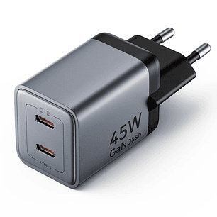 Vention Cargador de Pared - 45W - GaN - 2xUSB-C - Power Delivery 3.0 - Qualcomm 3.0 - Carga Rapida - Color Gris