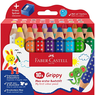 Faber-Castell Grippy Pack con 16 Lapices de Colores Gruesos Mina XXL Suave + Sacapuntas - Forma Triangular con Grip - Colores Surtidos