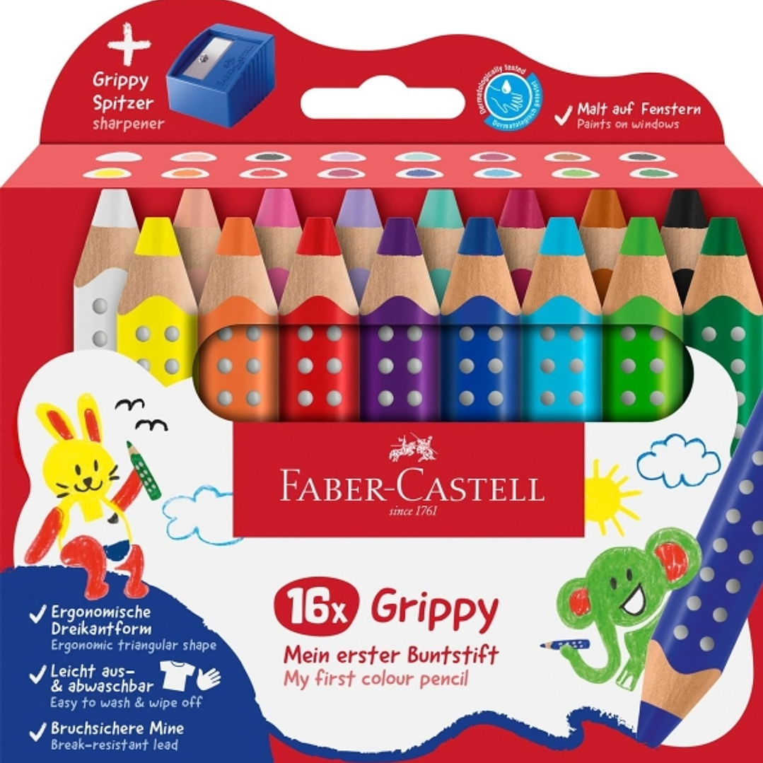 Faber-Castell Grippy Pack con 16 Lapices de Colores Gruesos Mina XXL Suave + Sacapuntas - Forma Triangular con Grip - Colores Surtidos 1