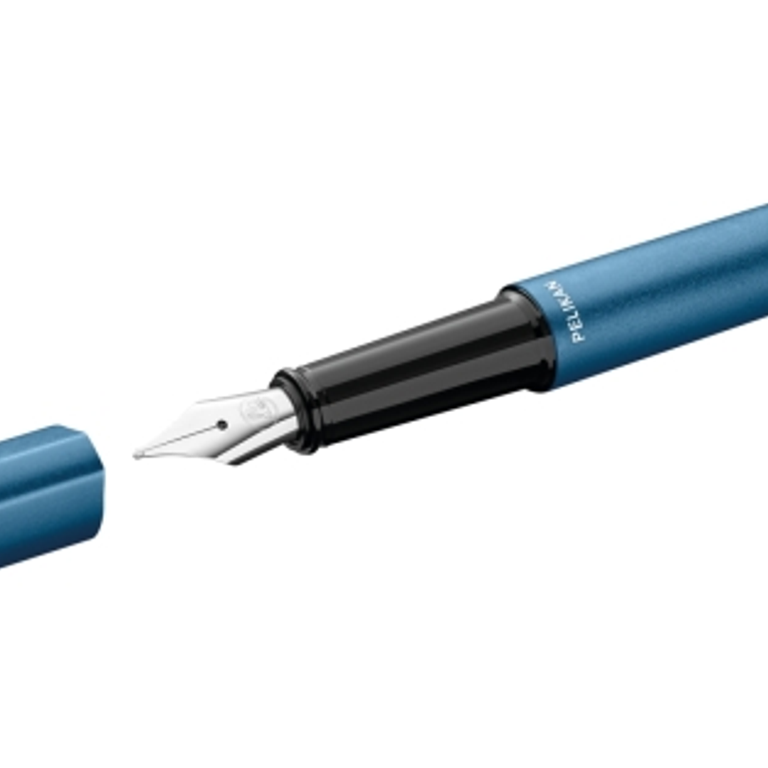 Pelikan Ineo Pluma Estilografica - Punta M - Caja Metalica - Aluminio Anodizado Satinado - Forma de Gota Antivuelco - Incluye Recambio - Color Azul 1