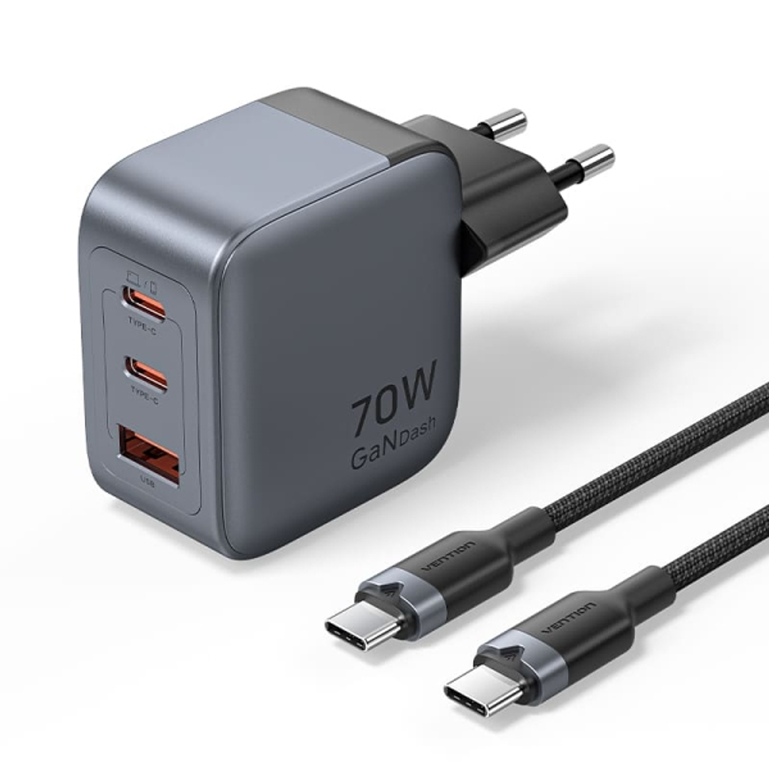 Vention Cargador de Pared - 70W - GaN - Cable de 1m Incluido - 2xUSB-C - USB-A - Carga Rapida PD - Tecnologia PPS - Color Gris 1