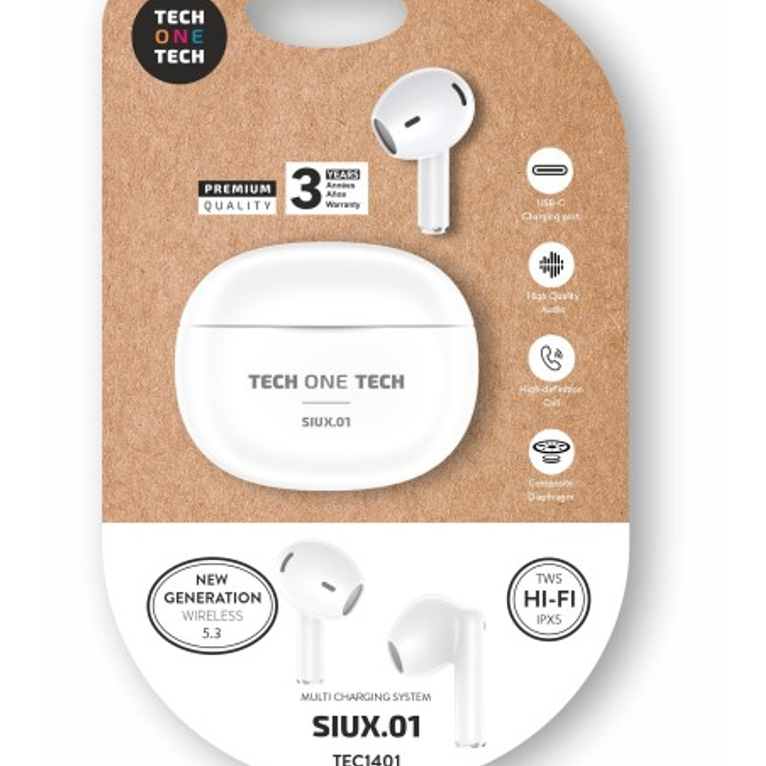 TechOneTech SIUX Auriculares Inalambricos Bluetooth TWS - Hasta 20h de Reproduccion - IPX5 - Color Blanco 1