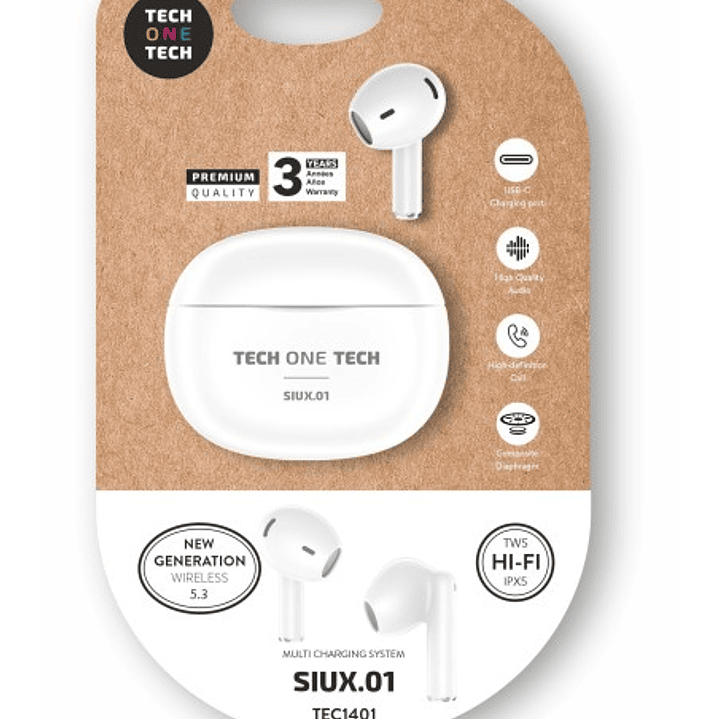 TechOneTech SIUX Auriculares Inalambricos Bluetooth TWS - Hasta 20h de Reproduccion - IPX5 - Color Blanco 1