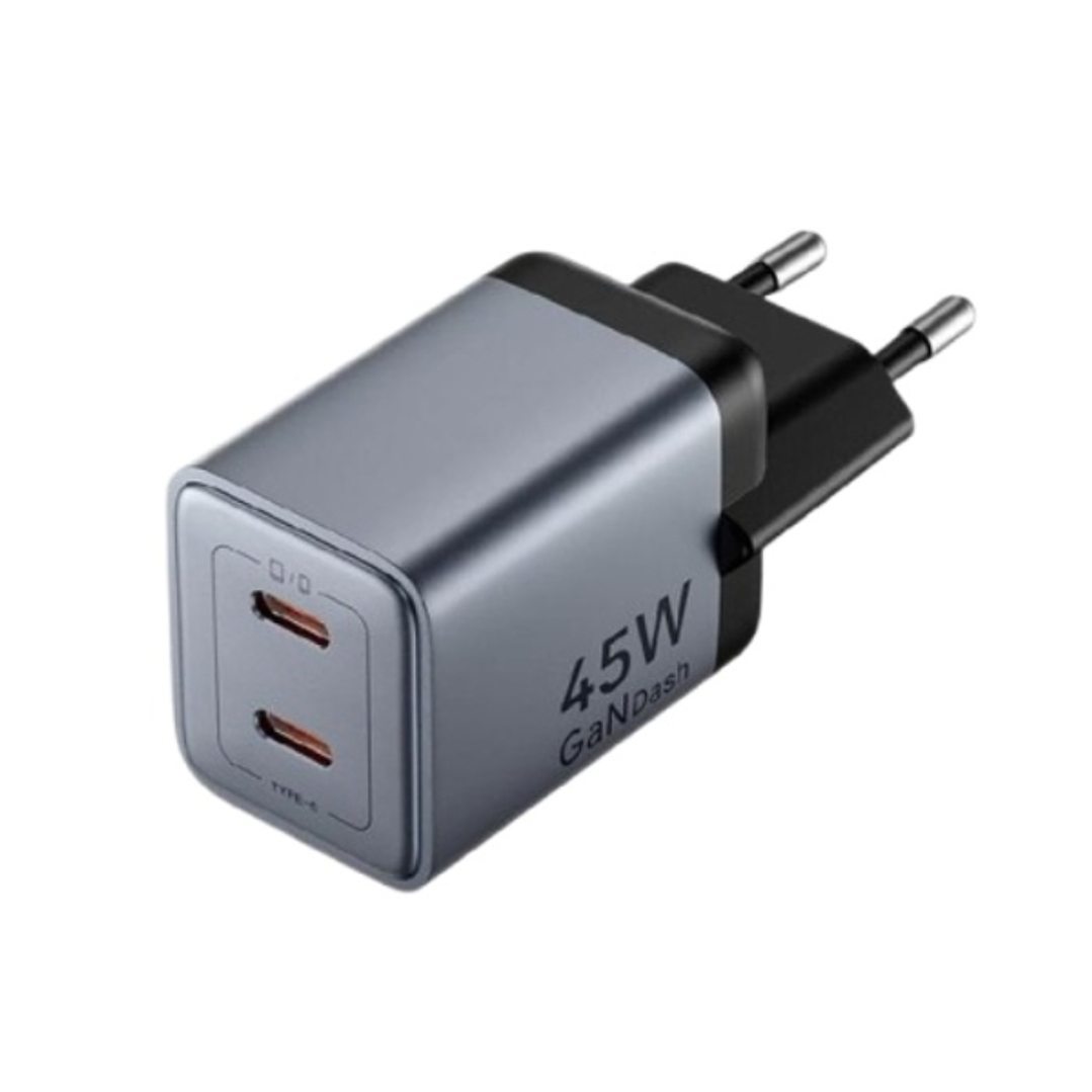 Vention Cargador de Pared - 45W - GaN - Cable de 1m Incluido - 2xUSB-C - Power Delivery 3.0 - Qualcomm 3.0 - Carga Rapida - Color Gris 1