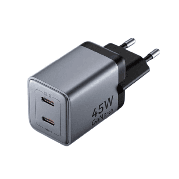 Vention Cargador de Pared - 45W - GaN - Cable de 1m Incluido - 2xUSB-C - Power Delivery 3.0 - Qualcomm 3.0 - Carga Rapida - Color Gris 1