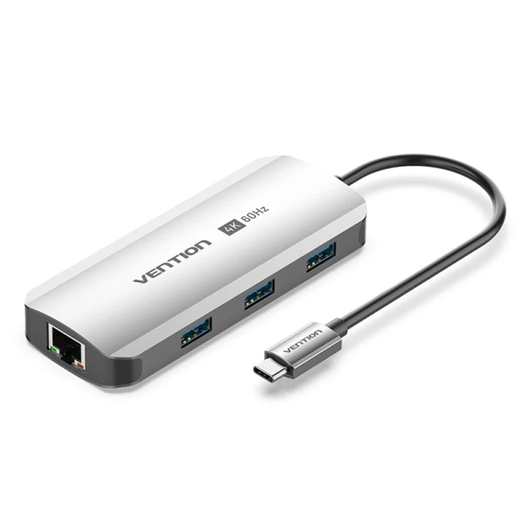 Vention Estacion de Docking 6 en 1 - 100W - Cable USB-C de 15cm Integrado - HDMI 4K - Ethernet RJ45 - 3xUSB-A - USB-C - Power Delivery - Color Gris 1