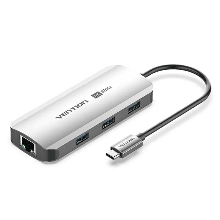 Vention Estacion de Docking 6 en 1 - 100W - Cable USB-C de 15cm Integrado - HDMI 4K - Ethernet RJ45 - 3xUSB-A - USB-C - Power Delivery - Color Gris 1
