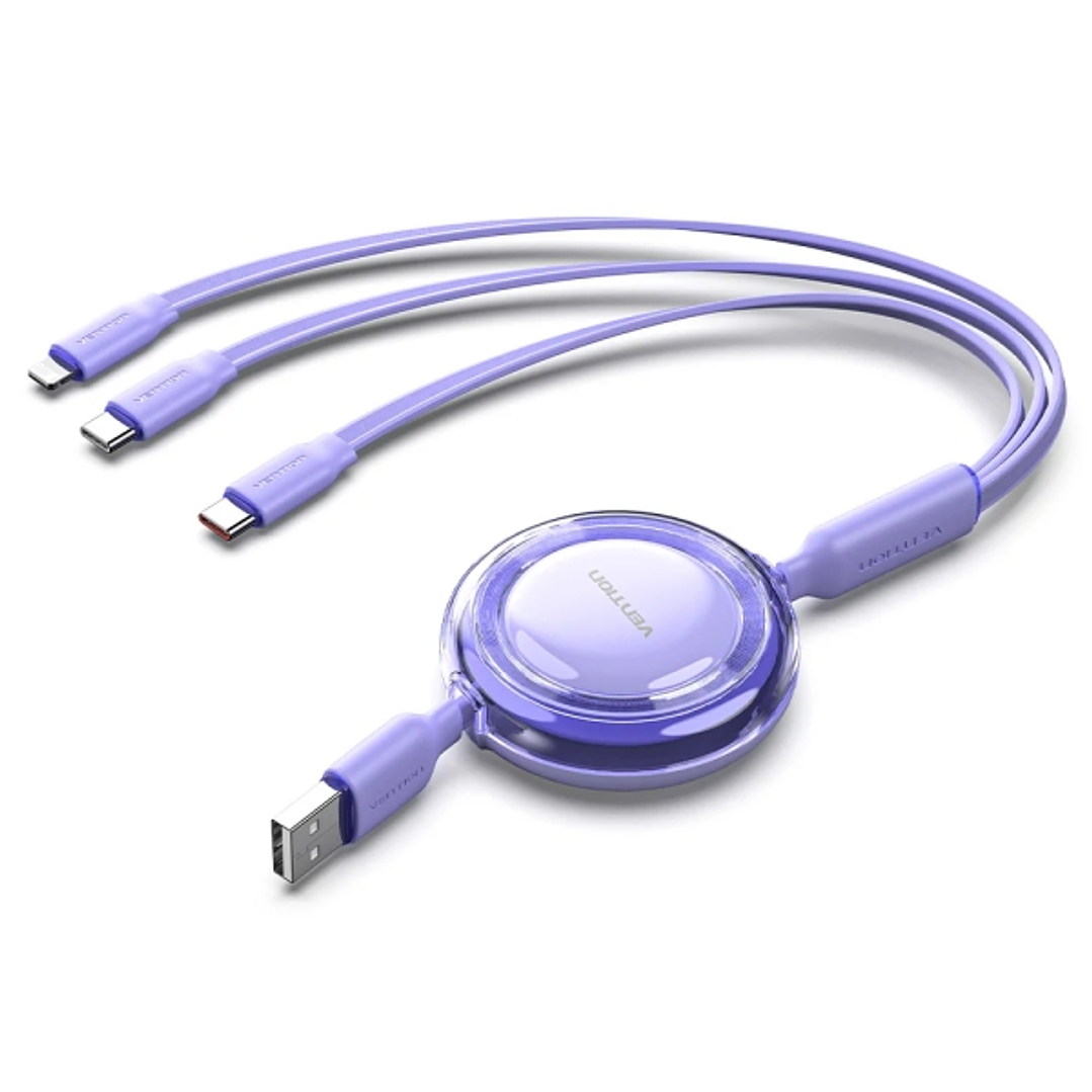 Vention Cable USB Multiple - Longitud Ajustable hasta 1.1m - Retractil - USB-A - 2xUSB-C - Lightning - Velocidad hasta 480Mbps - Color Morado 1