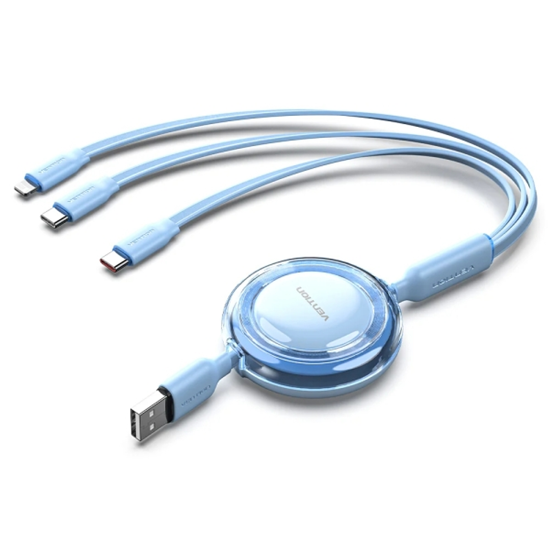 Vention Cable USB Multiple - Longitud Ajustable hasta 1.1m - Retractil - USB-A - 2xUSB-C - Lightning - Velocidad hasta 480Mbps - Color Azul 1