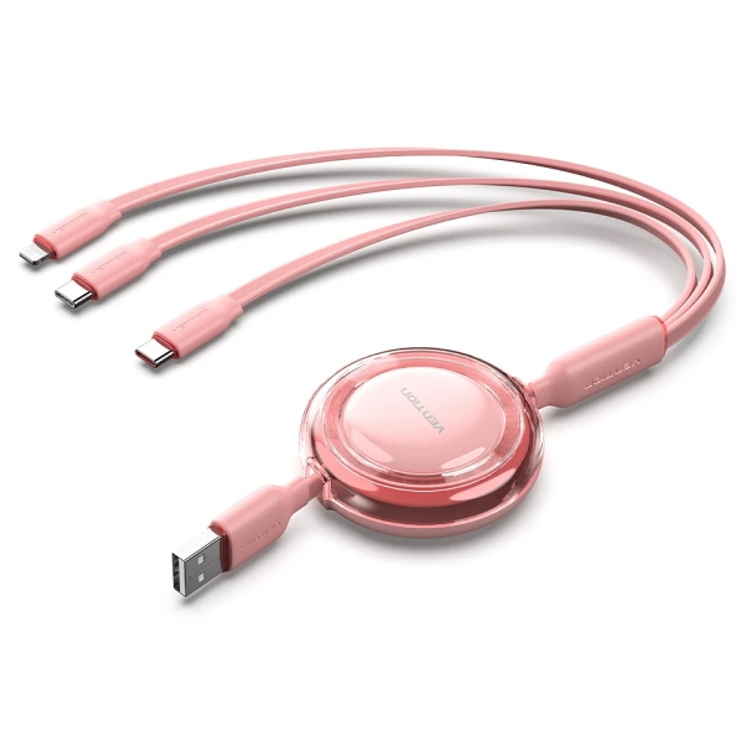 Vention Cable USB Multiple - Longitud Ajustable hasta 1.1m - Retractil - USB-A - 2xUSB-C - Lightning - Velocidad hasta 480Mbps - Color Rosa 1