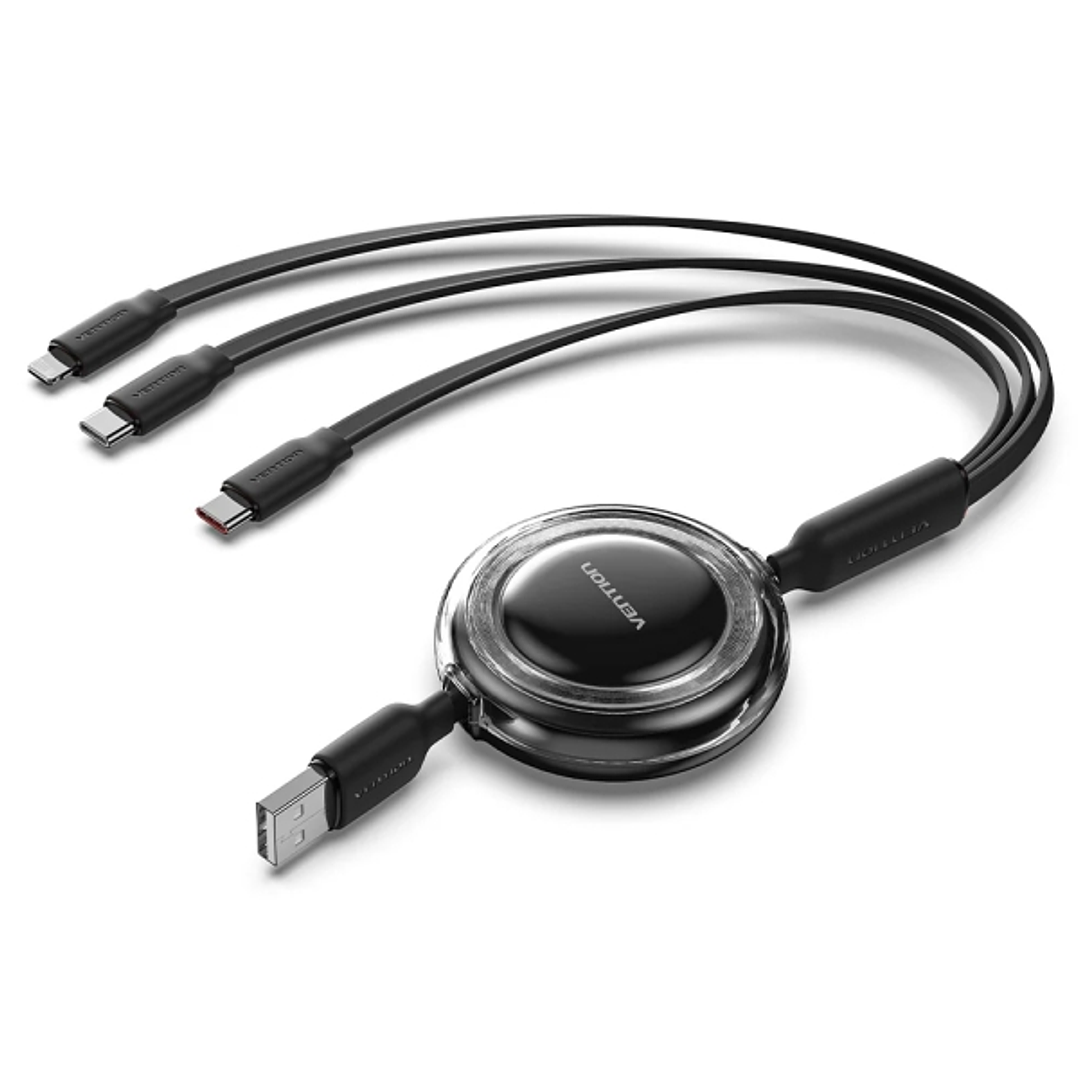 Vention Cable USB Multiple - Longitud Ajustable hasta 1.1m - Retractil - USB-A - 2xUSB-C - Lightning - Velocidad hasta 480Mbps - Color Negro 1