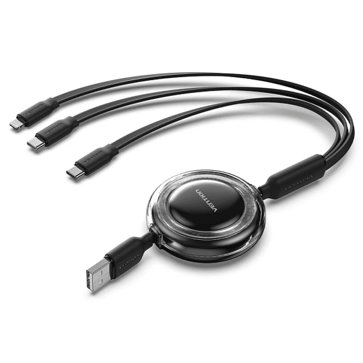 Vention Cable USB Multiple - Longitud Ajustable hasta 1.1m - Retractil - USB-A - 2xUSB-C - Lightning - Velocidad hasta 480Mbps - Color Negro 1