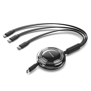Vention Cable USB Multiple - Potencia Maxima 100W - Retractil - Longitud Ajustable hasta 1.1m - USB-A - 2xUSB-C - Lightning - Velocidad hasta 480Mbps 
