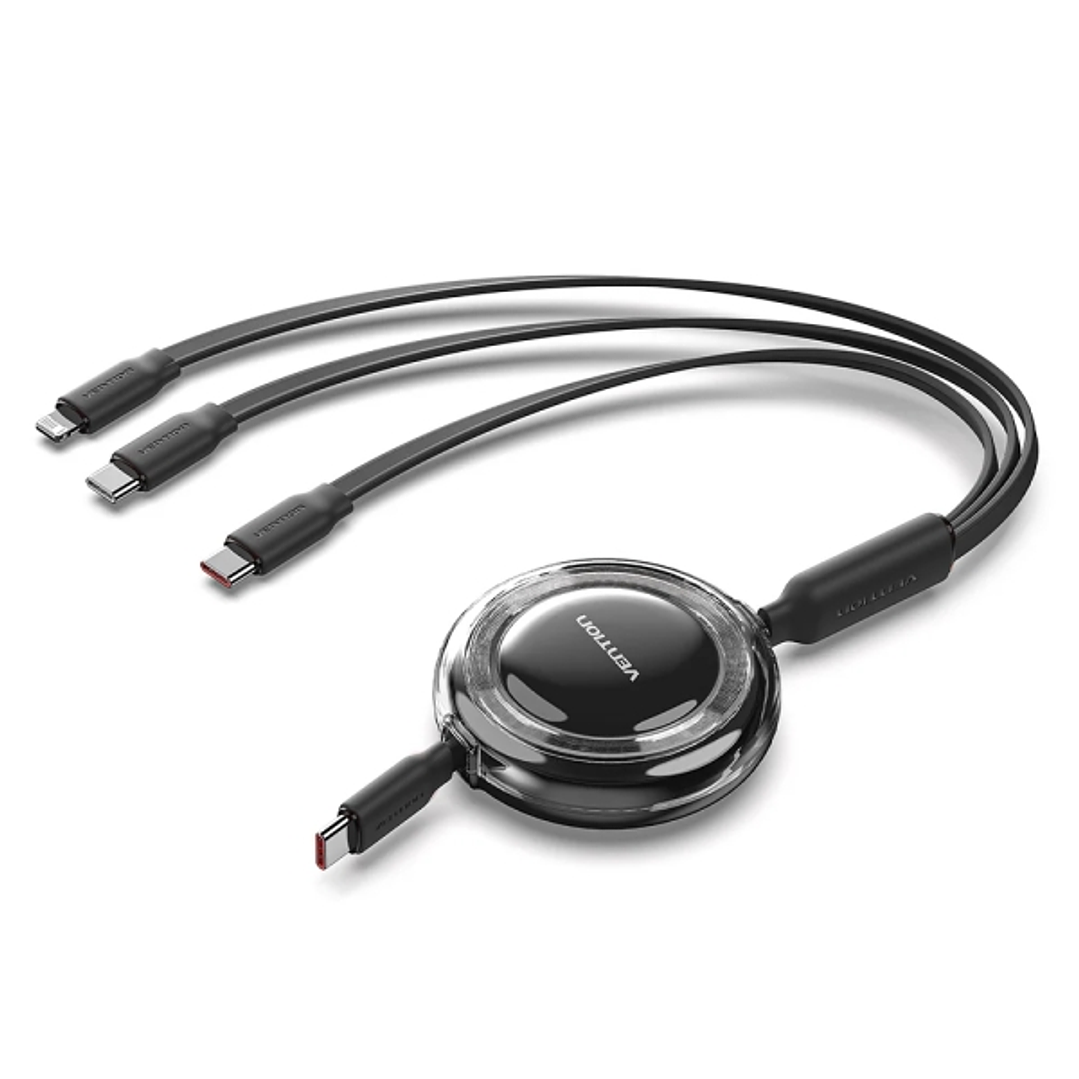 Vention Cable USB Multiple - Potencia Maxima 100W - Retractil - Longitud Ajustable hasta 1.1m - USB-A - 2xUSB-C - Lightning - Velocidad hasta 480Mbps  1