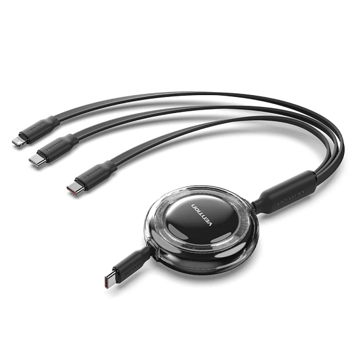 Vention Cable USB Multiple - Potencia Maxima 100W - Retractil - Longitud Ajustable hasta 1.1m - USB-A - 2xUSB-C - Lightning - Velocidad hasta 480Mbps  1