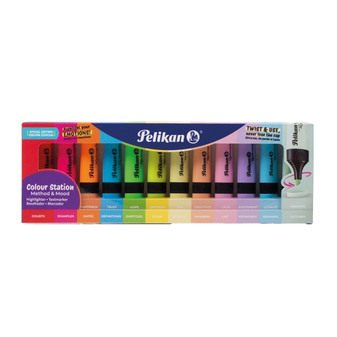 Pelikan Textmarker 490 Pack de 12 Marcadores Fluorescentes Pastel y Neon - Base de Agua - Base Organizadora de Escritorio - Punta Biselada con 3 Ancho 1