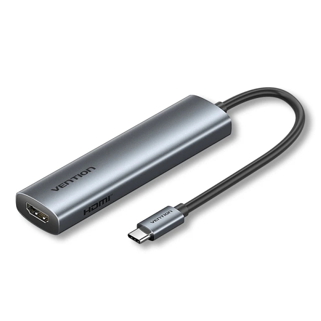 Vention Estacion de Docking 4 en 1 - 100W - Cable USB-C de 15cm Integrado - HDMI 4K - USB-C - 2xUSB-A - Power Delivery - Color Gris 1