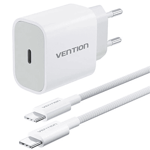 Vention Cargador de Pared - 20W - Cable de 1m Incluido - Chaqueta Trenzada de Algodon y TPE - USB-C - Carga Rapida - Color Blanco