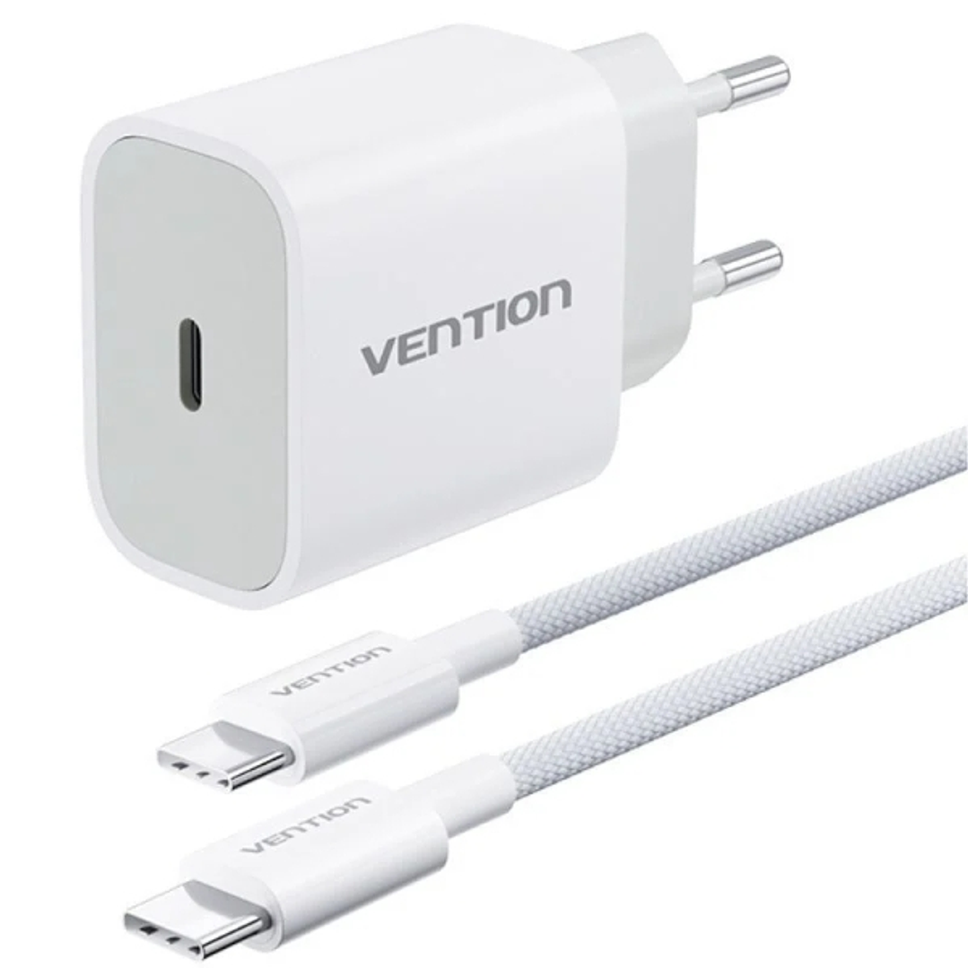 Vention Cargador de Pared - 20W - Cable de 1m Incluido - Chaqueta Trenzada de Algodon y TPE - USB-C - Carga Rapida - Color Blanco 1