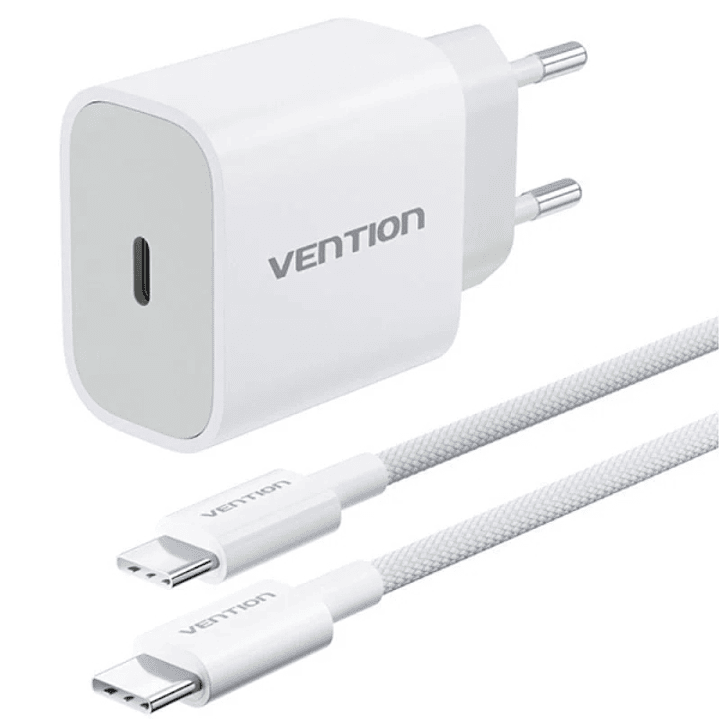 Vention Cargador de Pared - 20W - Cable de 1m Incluido - Chaqueta Trenzada de Algodon y TPE - USB-C - Carga Rapida - Color Blanco 1