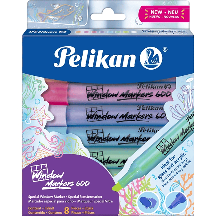 Pelikan Window Marker 600 Pack de 8 Marcadores para Ventana - Punta Biselada con 3 Grosores - Colores Surtidos 1