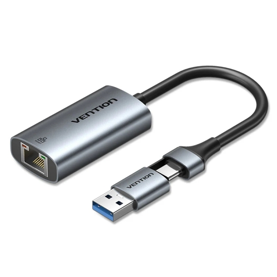 Vention Conversor USB-C a Ethernet - Adaptador USB-A - Cable de 15cm - Velocidad hasta 1Gbps - Carcasa de Aluminio y ABS - Color Gris 1